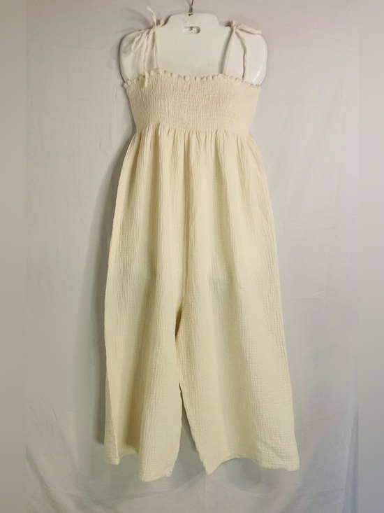 Mable Pants - Smocked Strap Cream Wide-Leg Jumpsuit